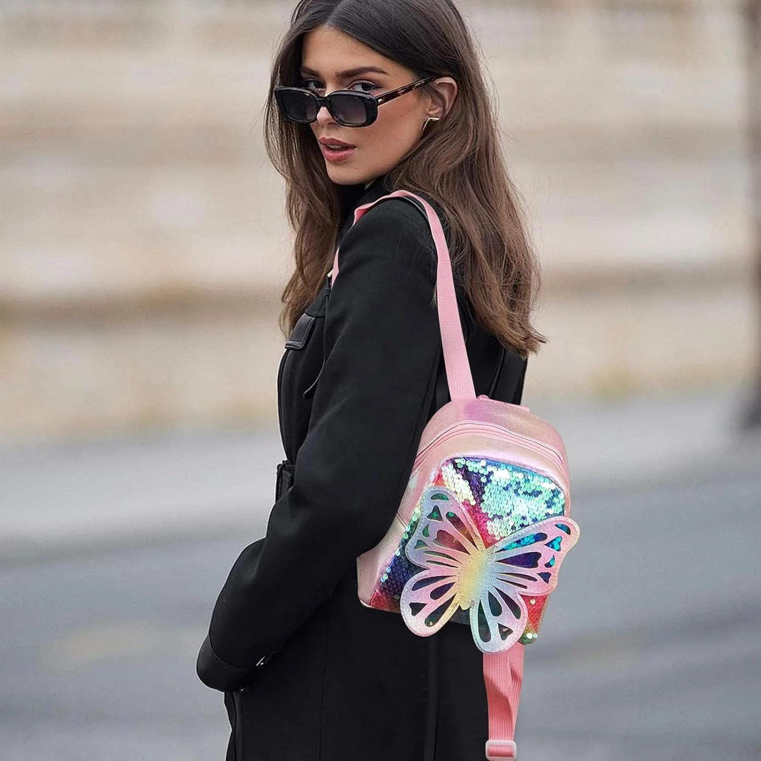 کیف کوله پشتی مینیاتوری زیبا، کوله پشتی کوچک چرمی PU برای زنان، کوله پشتی کوچک پولک دار با بند شانه قابل تنظیم، کیف سبک و شیک برای استفاده روزانه (صورتی)