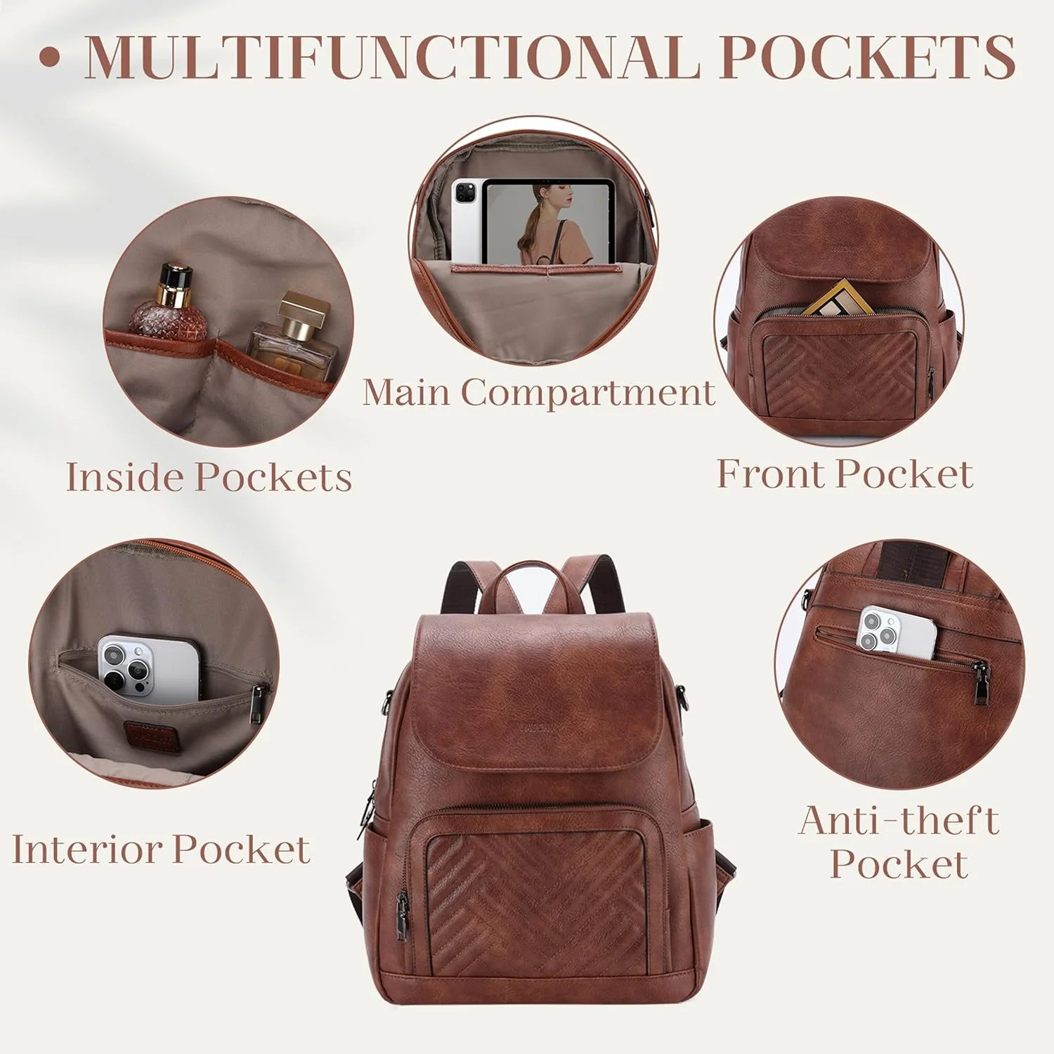 کیف کوله پشتی زنانه، کوله پشتی چرمی PU طرح دار VASCHY با بند گیتار