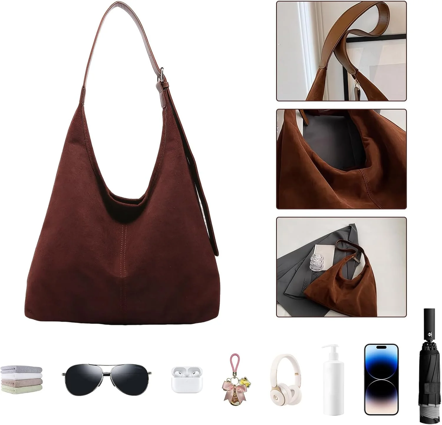 کیف دستی زنانه замшевый قهوه ای آزون | کیف دوشی غیر رسمی - کیف دستی замшевый با ظرفیت بزرگ برای کار، خرید و استفاده روزانه | کیف دستی شیک یکپارچهسازی با سیستمعامل با بسته شدن زیپ