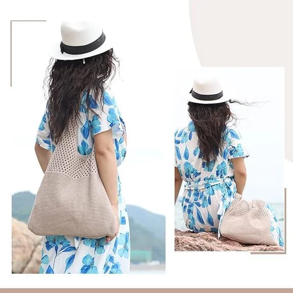 کیف دستی توری بافتنی آزونه، کیف مدل بوهو تابستانی زنانه، کیف شانه‌ای بافت گل، کیف دستی ساحلی توری بافته شده، کیف بافتنی زنانه به سبک تعطیلات غیر رسمی