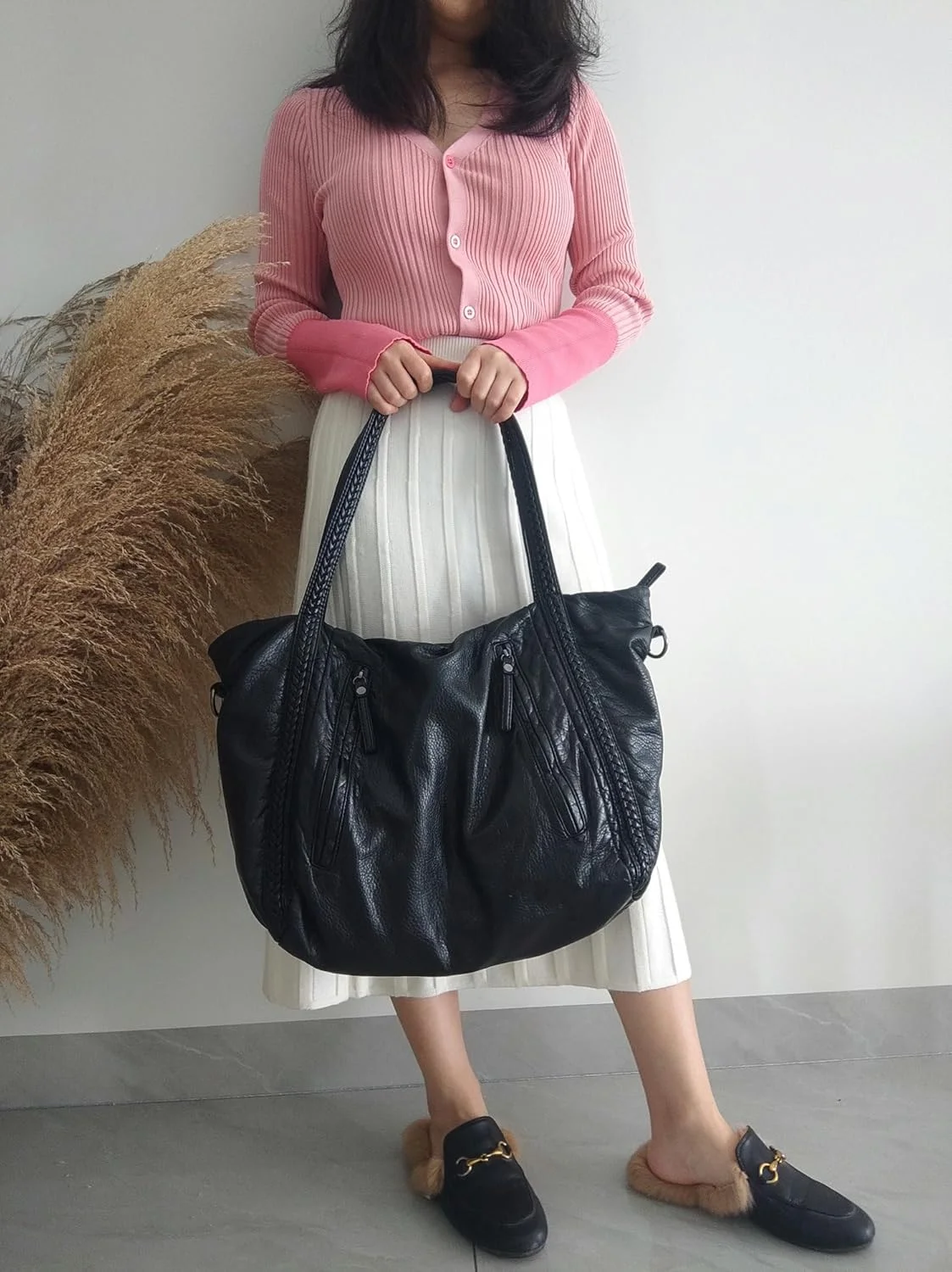 کیف دستی بزرگ زنانه، کیف جادار و شلخته با جیب‌های متعدد، کیف دوشی بافت‌دار از جنس چرم مصنوعی نرم - سایز بزرگ