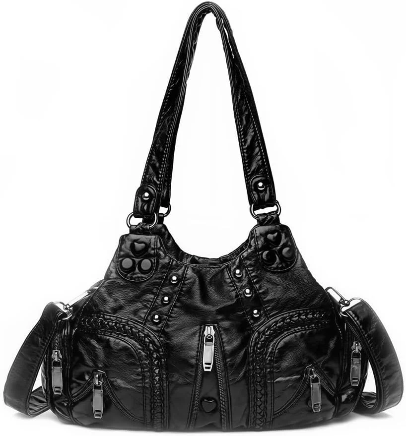 کیف دوشی پالای® زنانه دخترانه مشکی چرم مصنوعی، کیف دستی بزرگ با پرچ های تزیینی و طرح برجسته، کیف کراس بادی شیک زیپ دار زنانه