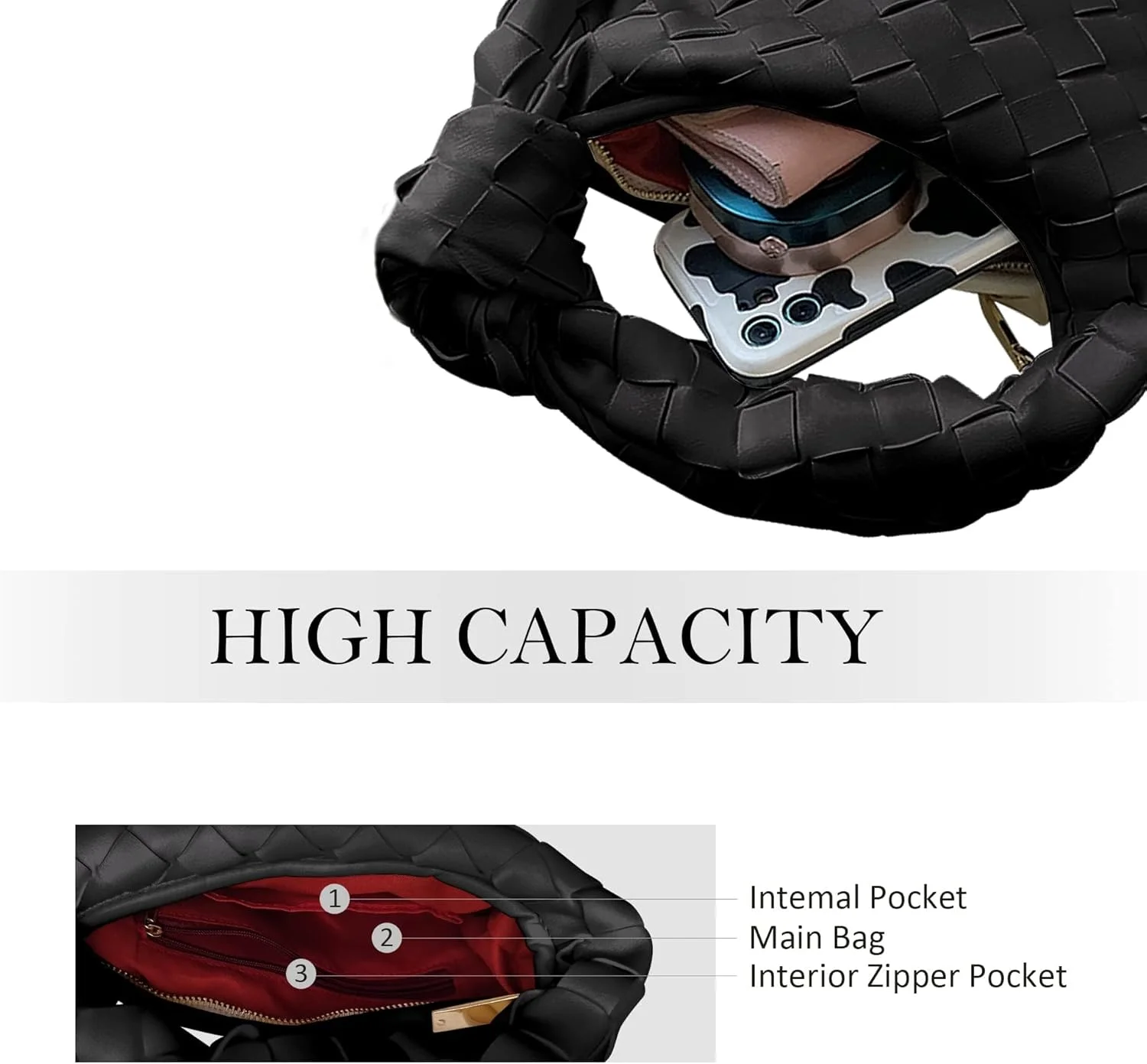 کیف دستی بافت گره‌ای Excefore، کیف دوشی زنانه، کیف سطلی چرم مصنوعی، مشکی