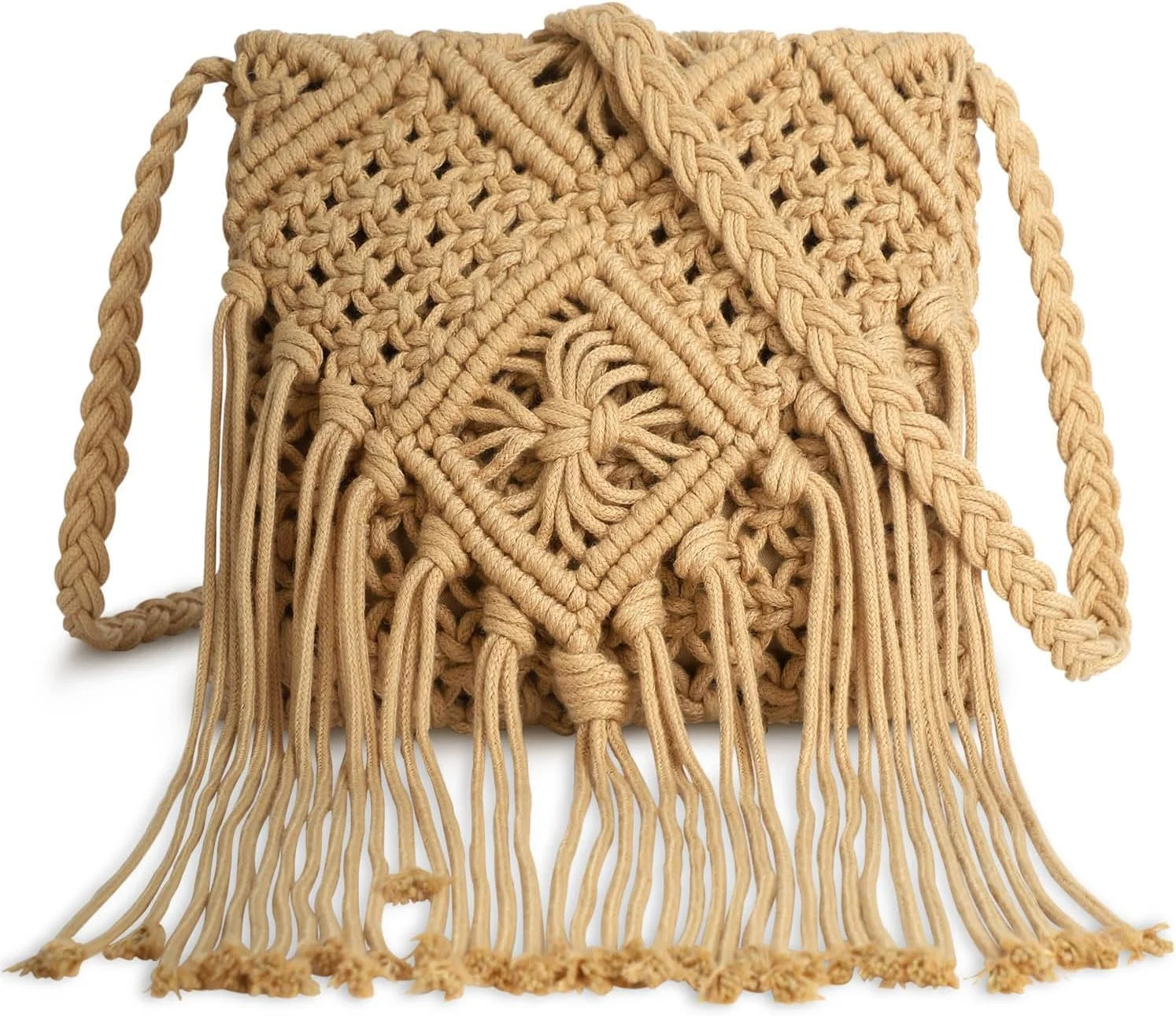 کیف حصیری رودوشی زنانه، کیف دستی حصیری، کیف بافتنی منگوله دار ساحلی تابستانی، کیف ساحلی بافتنی غیر رسمی، کیف دستی شیک تابستانی مدل Hobo با بند شانه ای، خاکی