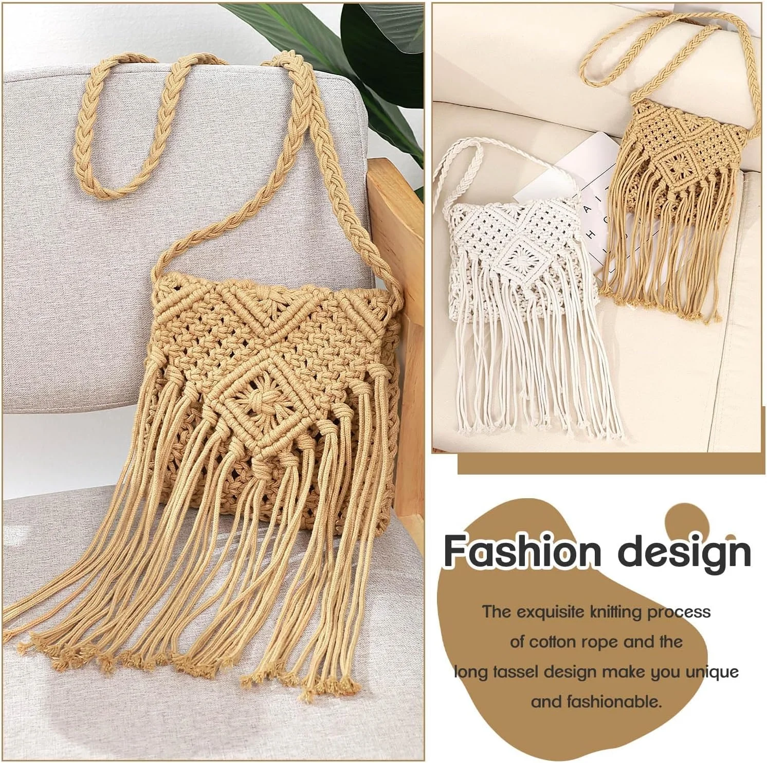 کیف حصیری رودوشی زنانه، کیف دستی حصیری، کیف بافتنی منگوله دار ساحلی تابستانی، کیف ساحلی بافتنی غیر رسمی، کیف دستی شیک تابستانی مدل Hobo با بند شانه ای، خاکی