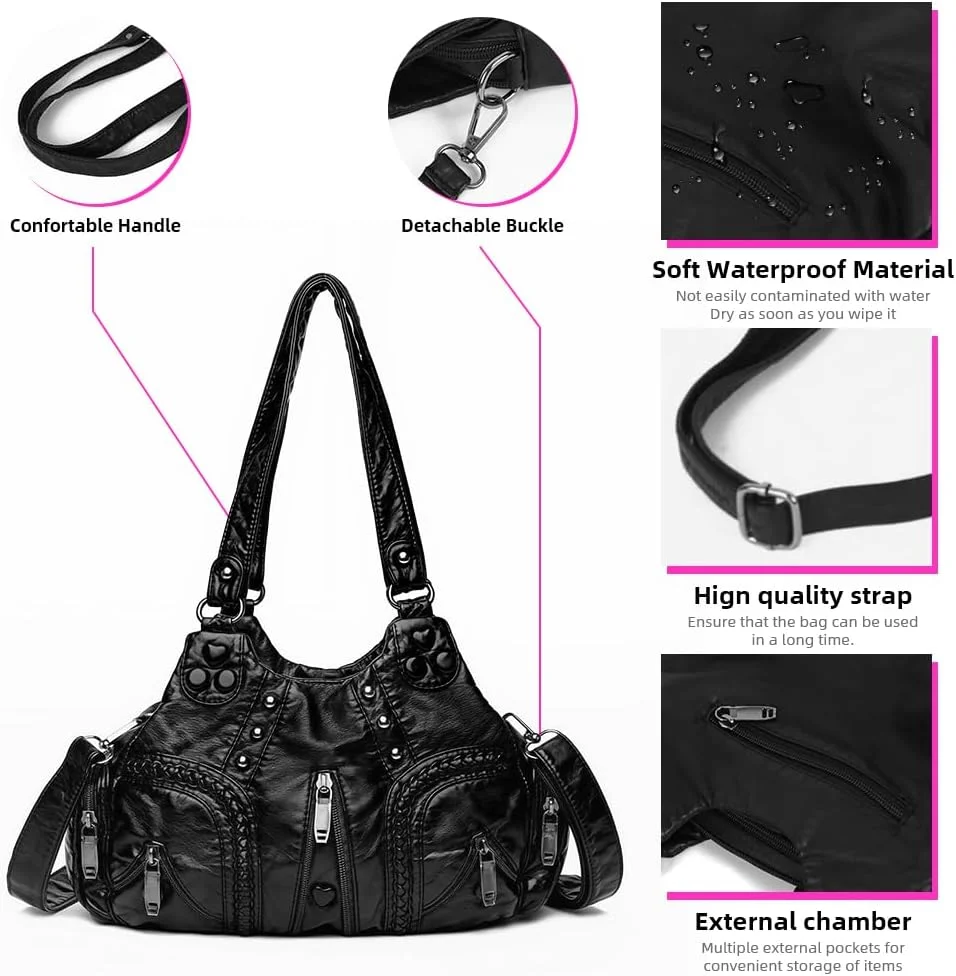 کیف دوشی پالای® زنانه دخترانه مشکی چرم مصنوعی، کیف دستی بزرگ با پرچ های تزیینی و طرح برجسته، کیف کراس بادی شیک زیپ دار زنانه