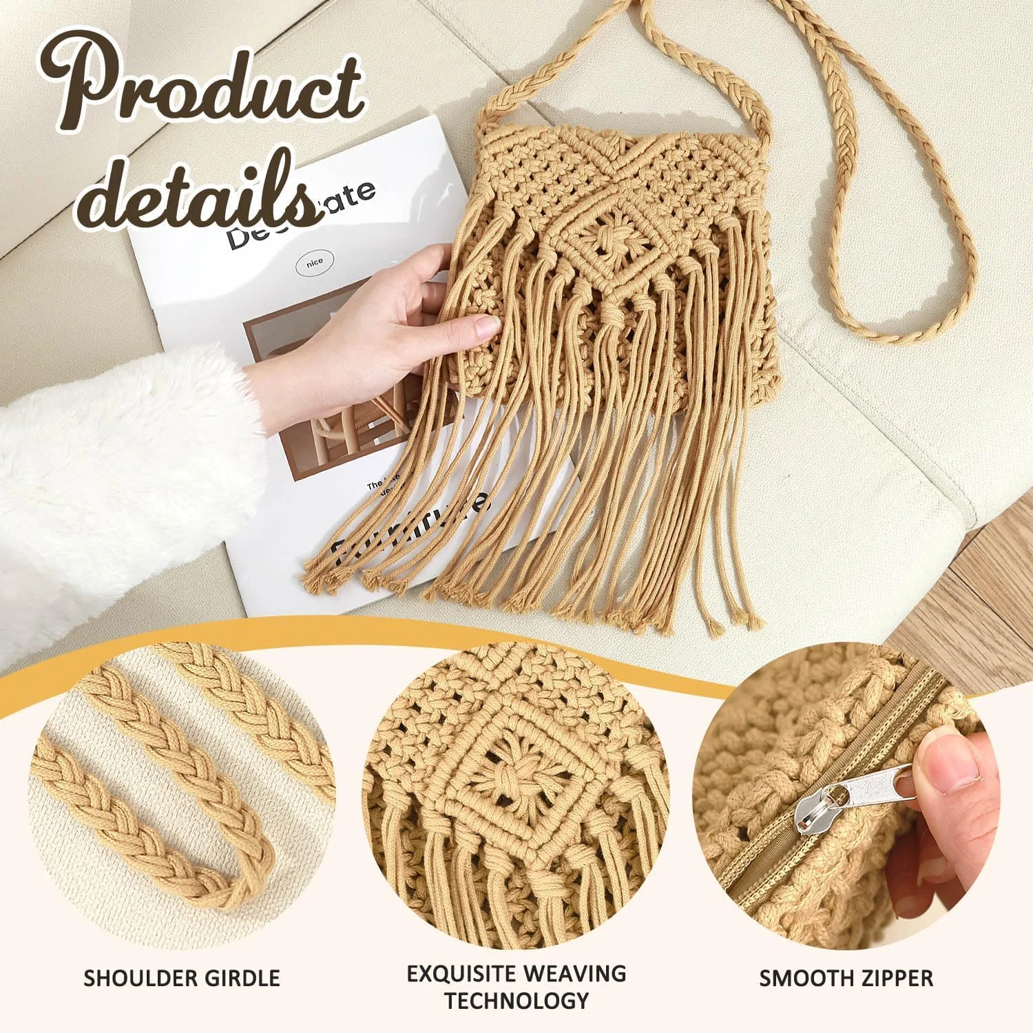 کیف حصیری رودوشی زنانه، کیف دستی حصیری، کیف بافتنی منگوله دار ساحلی تابستانی، کیف ساحلی بافتنی غیر رسمی، کیف دستی شیک تابستانی مدل Hobo با بند شانه ای، خاکی