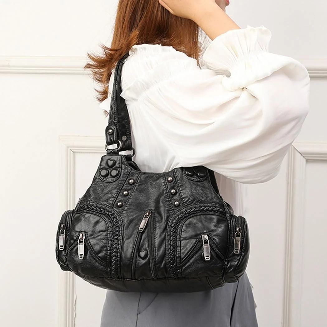 کیف دوشی پالای® زنانه دخترانه مشکی چرم مصنوعی، کیف دستی بزرگ با پرچ های تزیینی و طرح برجسته، کیف کراس بادی شیک زیپ دار زنانه