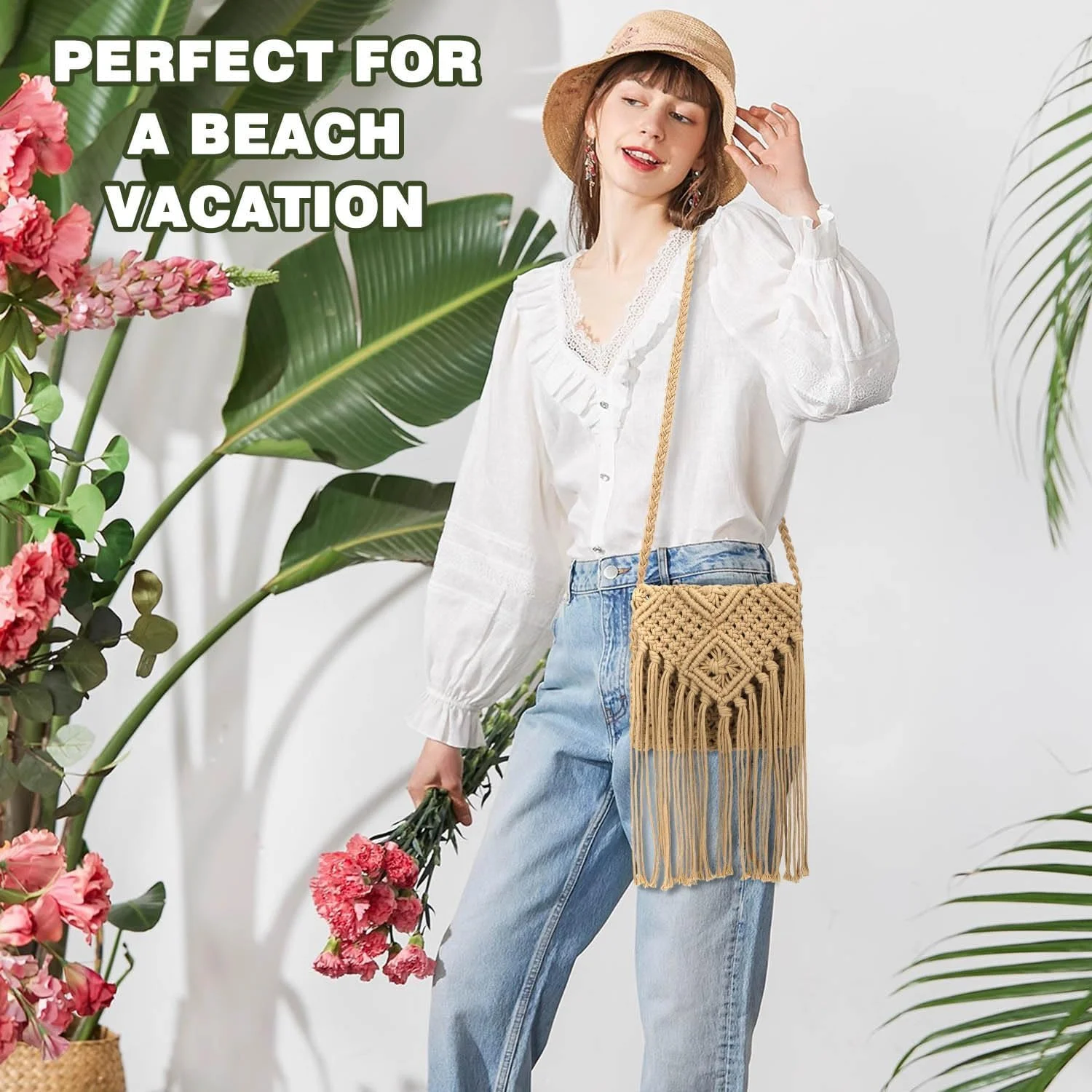 کیف حصیری رودوشی زنانه، کیف دستی حصیری، کیف بافتنی منگوله دار ساحلی تابستانی، کیف ساحلی بافتنی غیر رسمی، کیف دستی شیک تابستانی مدل Hobo با بند شانه ای، خاکی