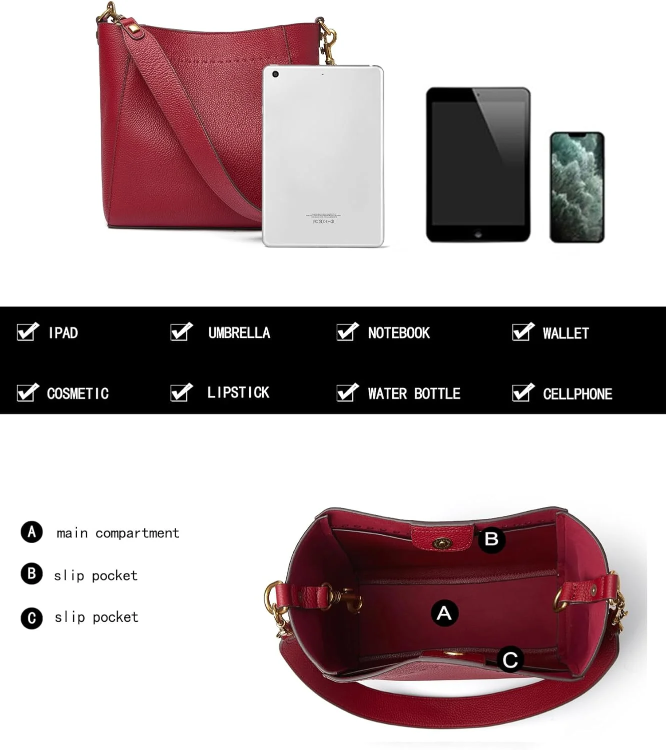 کیف دوشی و دستی چرمی زنانه DORIS&JACKY، سایز متوسط، کیف دوشی و دستی مدل Hobo