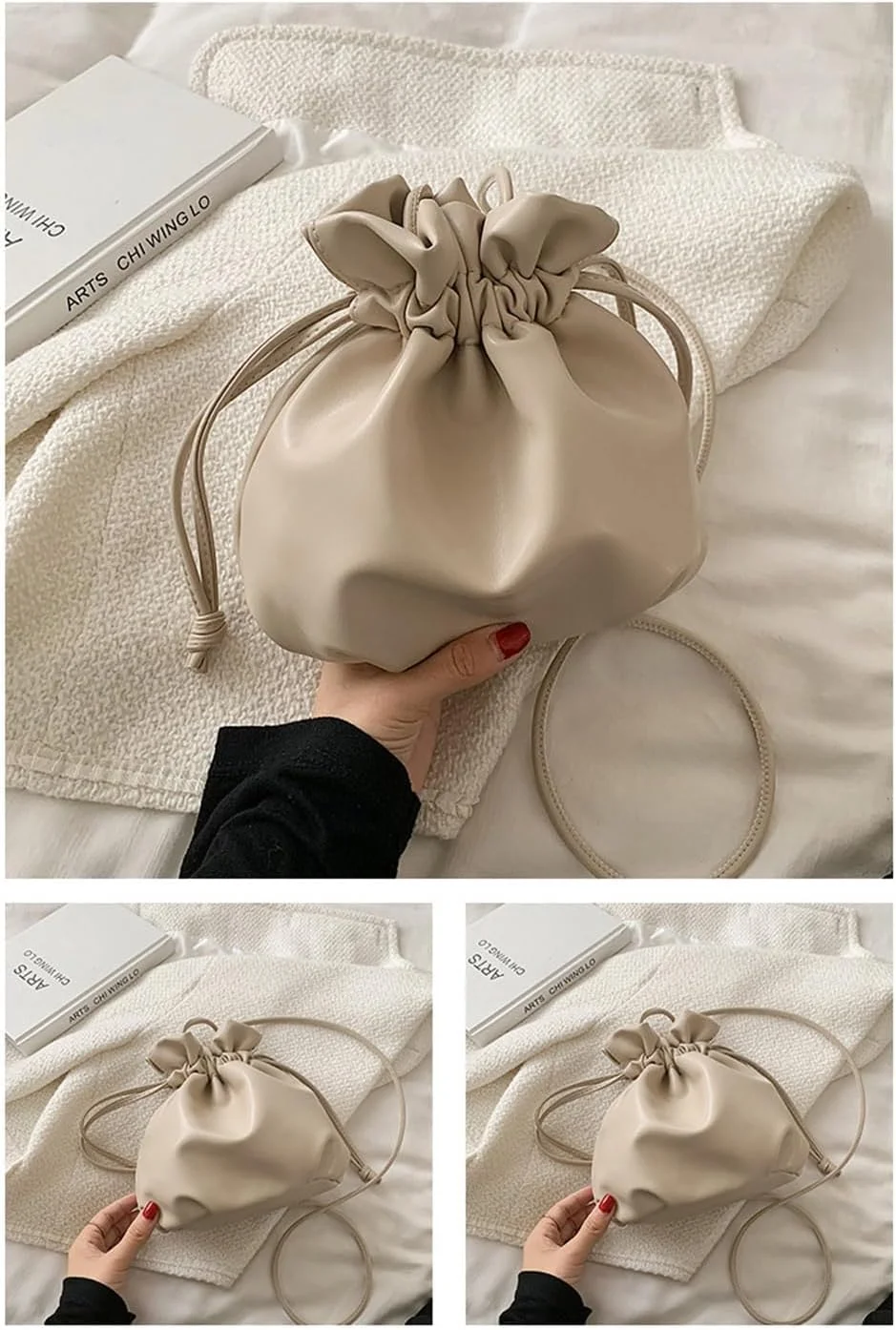 کیف سطلی بندکشی چرمی کوچک زنانه، کیف دستی کراس بادی نرم PU با بند قابل تنظیم، کیف سبک و جمع و جور برای استفاده روزمره، مسافرت و خرید کیف سطلی بندکشی چرمی کوچک زنانه، کیف دستی کراس بادی نرم PU با بند قابل تنظیم، کیف سبک و جمع و جور برای استفاده روزمره، مسافرت و خرید