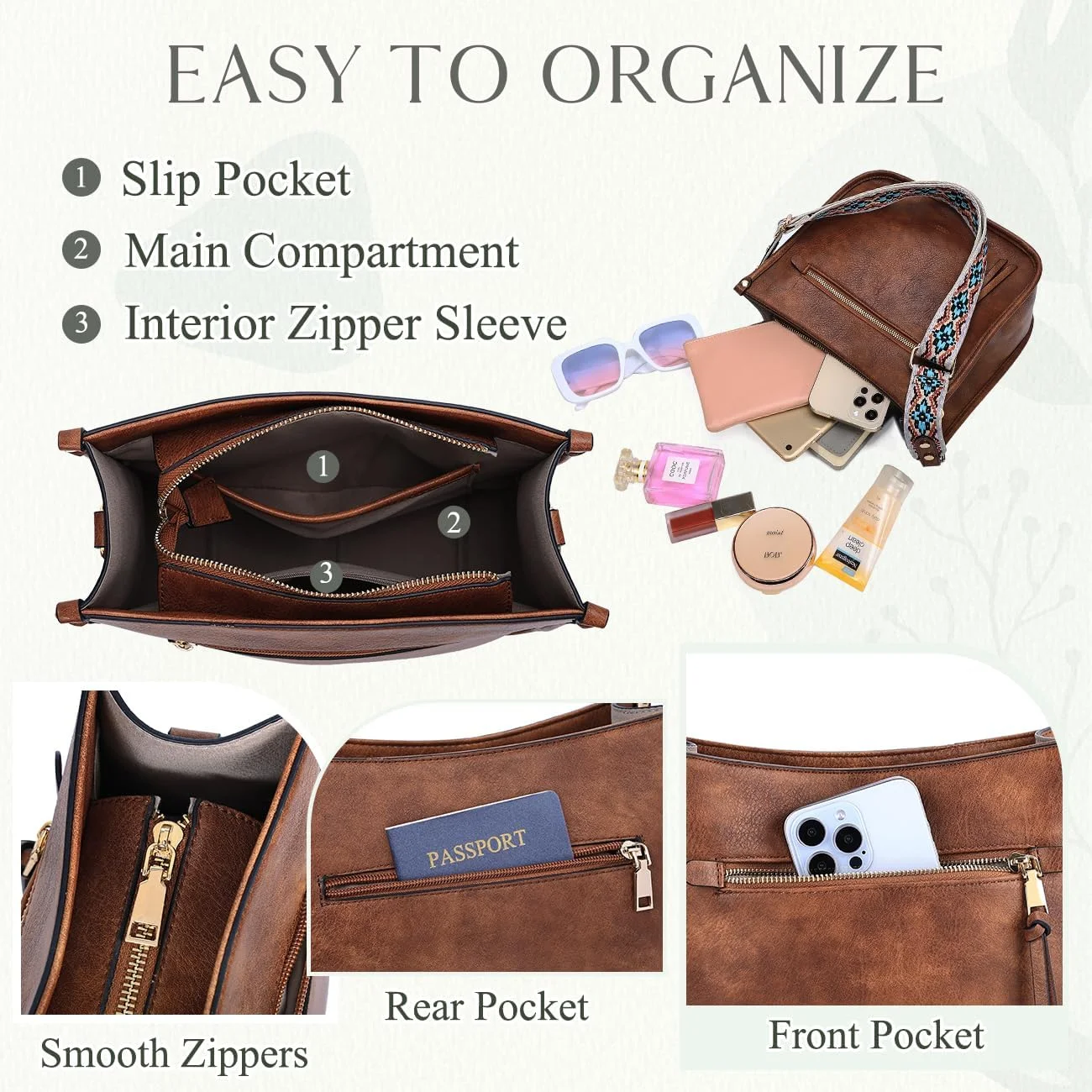 کیف دوشی زنانه، کیف دستی مد روز چرم مصنوعی گیاهی VASCHY با بند گیتاری