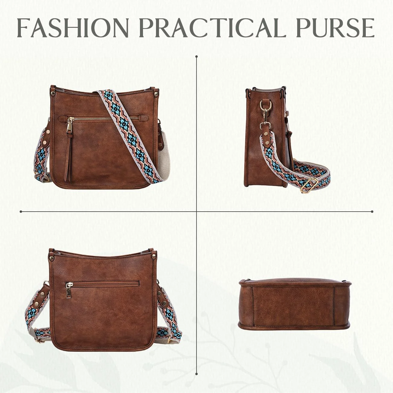 کیف دوشی زنانه، کیف دستی مد روز چرم مصنوعی گیاهی VASCHY با بند گیتاری