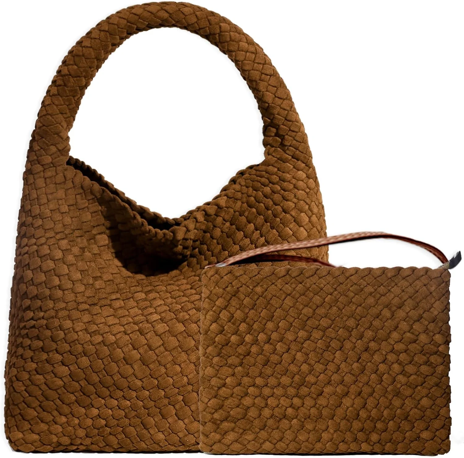 کیف بافتنی زنانه JINMANXUE، کیف دوشی با دسته بالایی از جنس نئوپرن، کیف دستی Hobo، کیف مسافرتی، کیف مچی برای خرید کار (قهوه ای جیر)