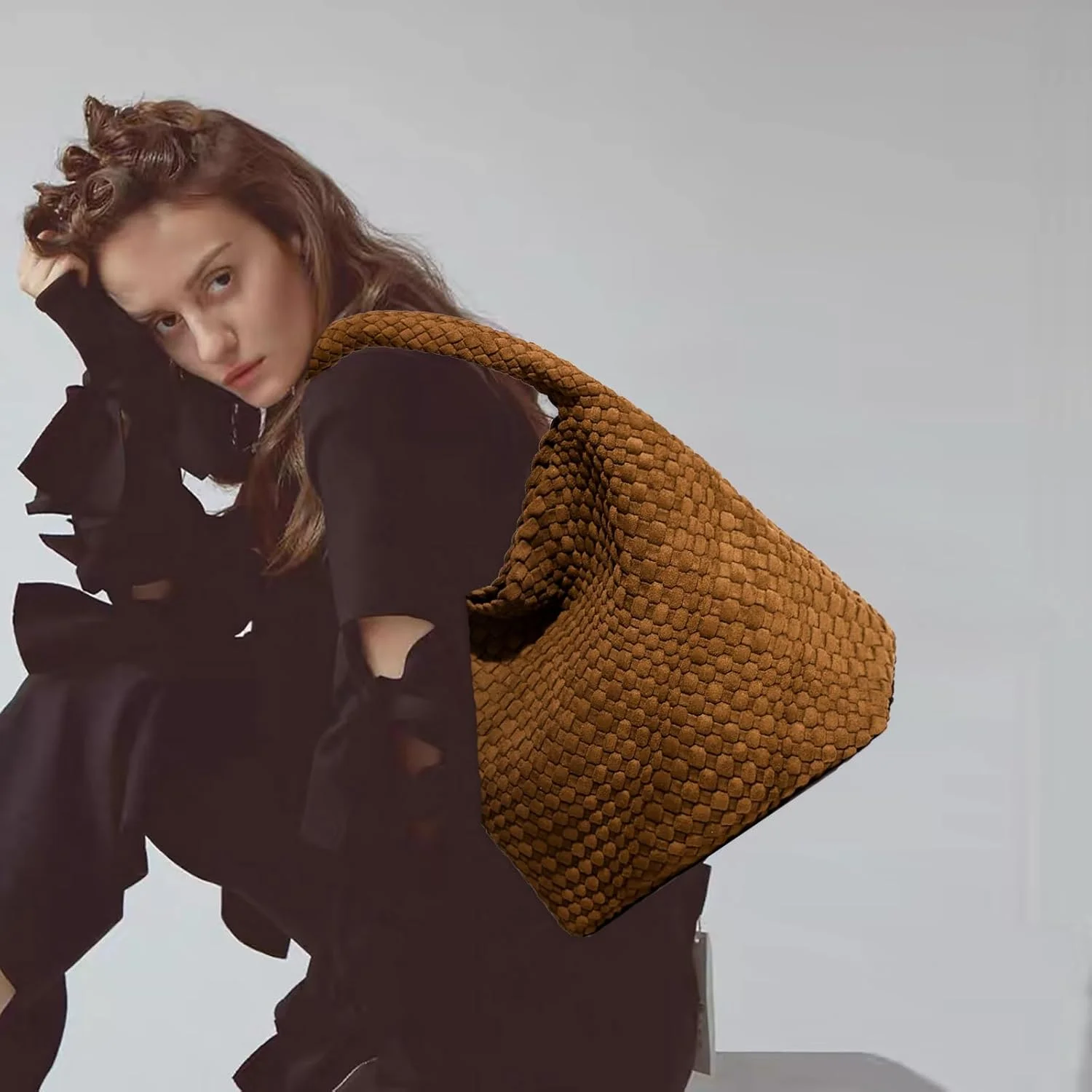 کیف بافتنی زنانه JINMANXUE، کیف دوشی با دسته بالایی از جنس نئوپرن، کیف دستی Hobo، کیف مسافرتی، کیف مچی برای خرید کار (قهوه ای جیر)