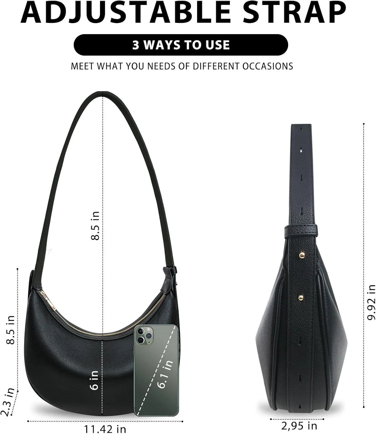 کیف دستی هلال شانه زنانه - کیف بزرگ جادار کراس بادی، کیف هلال مد روز با بند قابل تنظیم، کیف دستی شیک برای استفاده روزمره