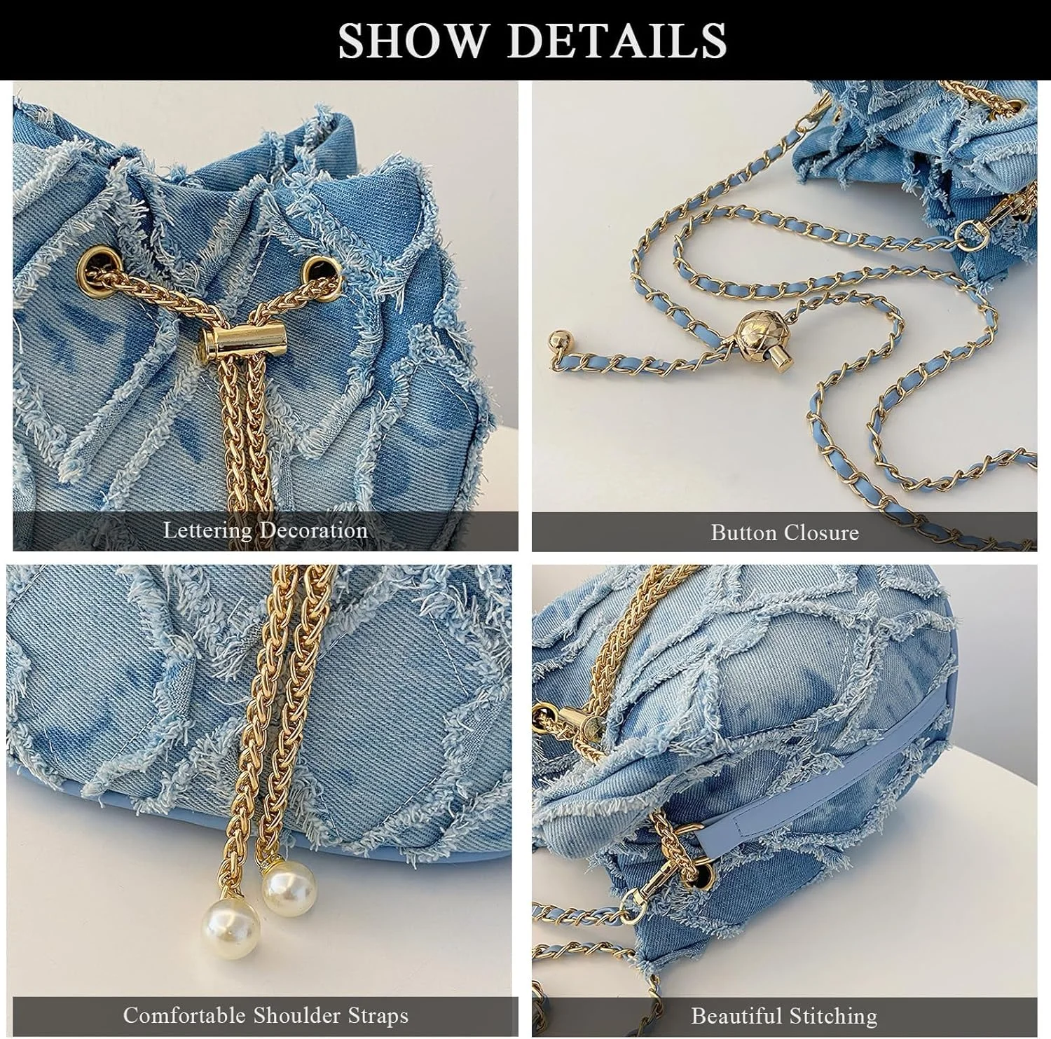 کیف سطلی جین NALACAL زنانه دخترانه، کیف دوشی منگوله دار با بند زنجیری، کیف دستی بوم ساحلی با ظرفیت بزرگ