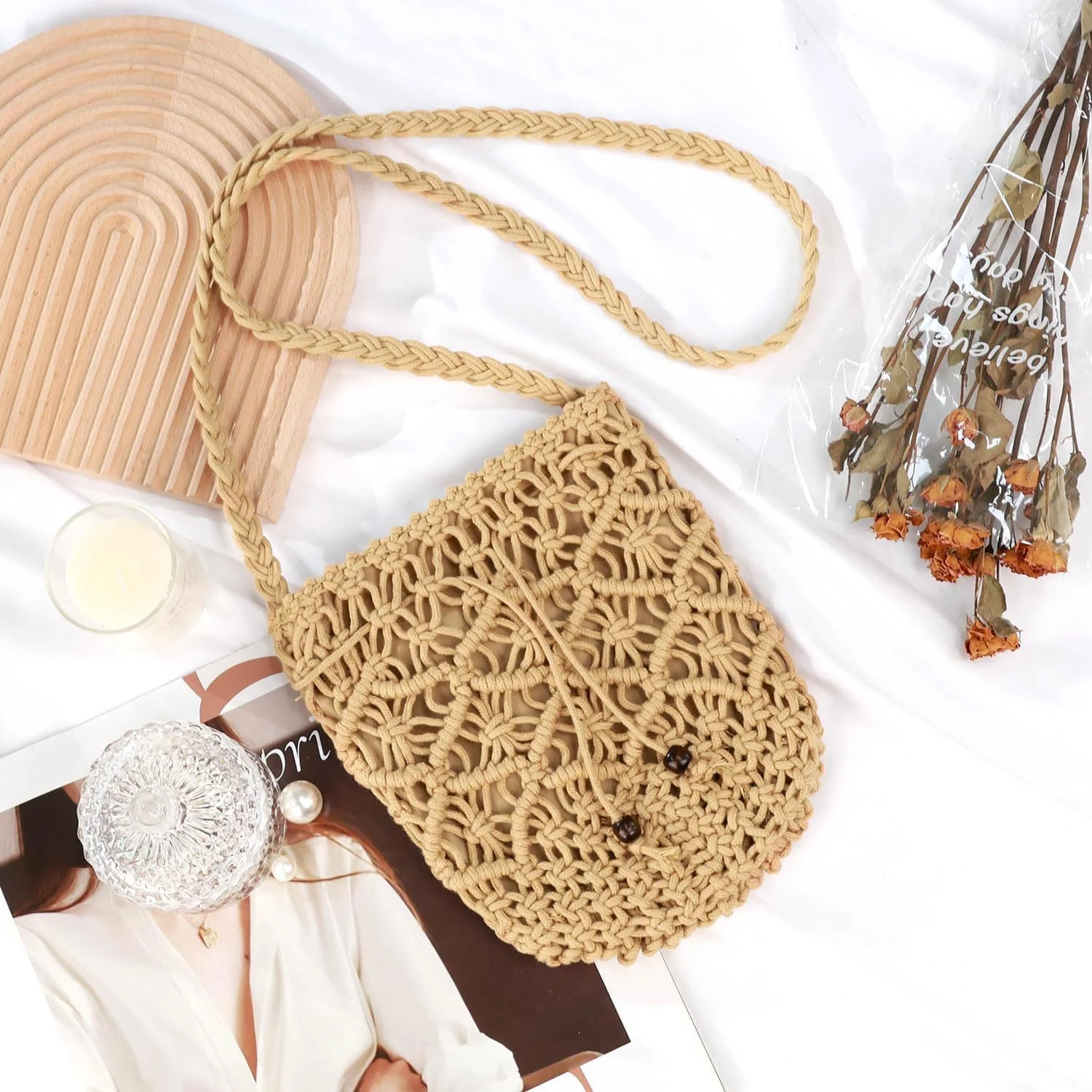 کیف دستی حصیری رودوشی غیر رسمی NALACAL - کیف ساحلی بافتنی، کیف شیک تابستانی با زنجیر