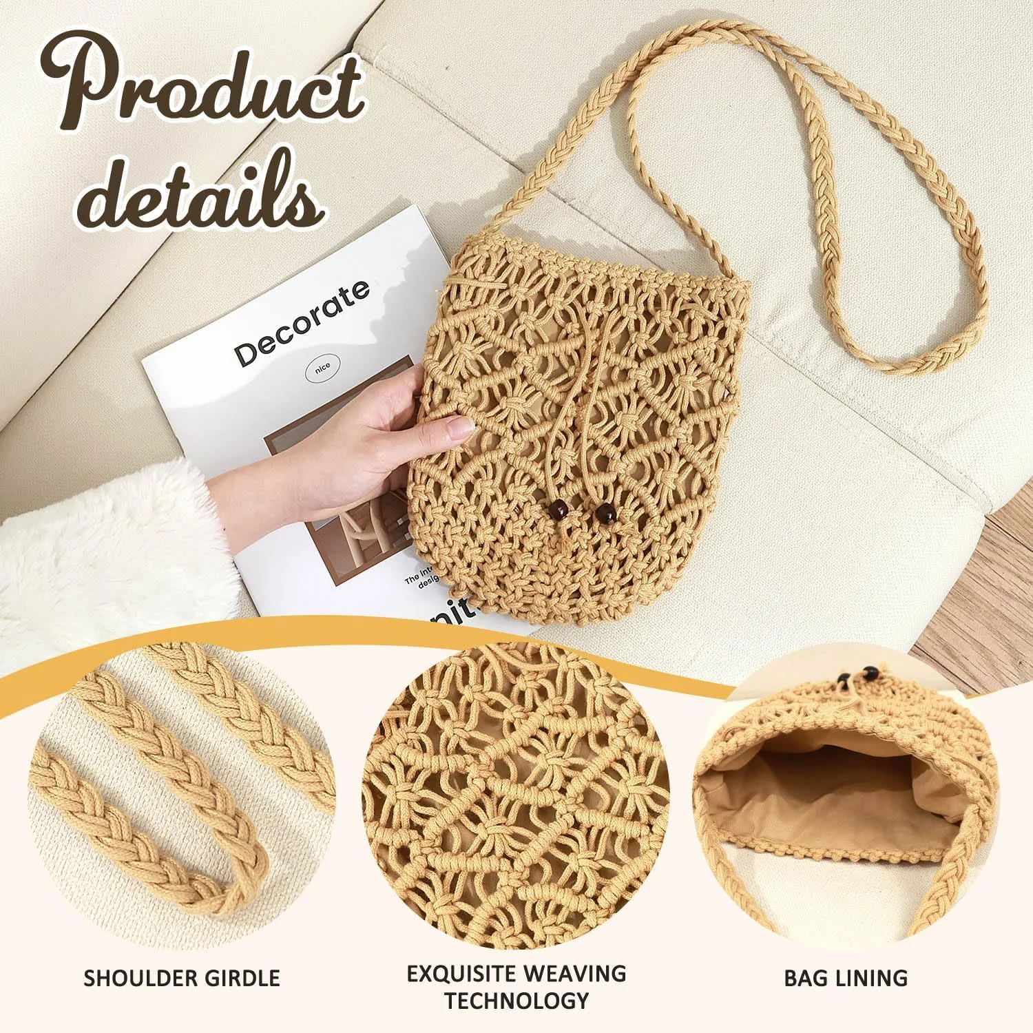 کیف دستی حصیری رودوشی غیر رسمی NALACAL - کیف ساحلی بافتنی، کیف شیک تابستانی با زنجیر