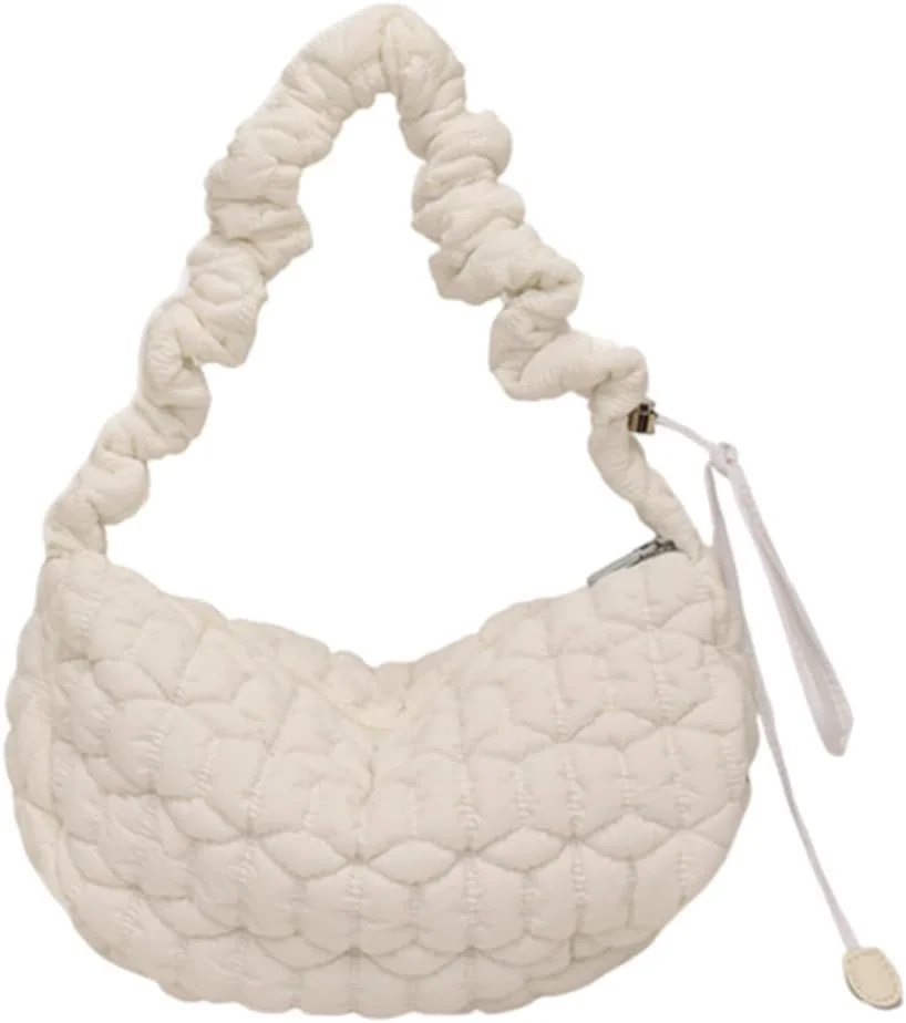 کیف پافر نالاکال، کیف دستی زنانه، کیف های دستی لحافی و پف دار زنانه، کیف دستی پفی سبک وزن با محفظه، کیف دستی هوبو پفی، کیف رودوشی چین دار ابریشمی سبک وزن، سفید