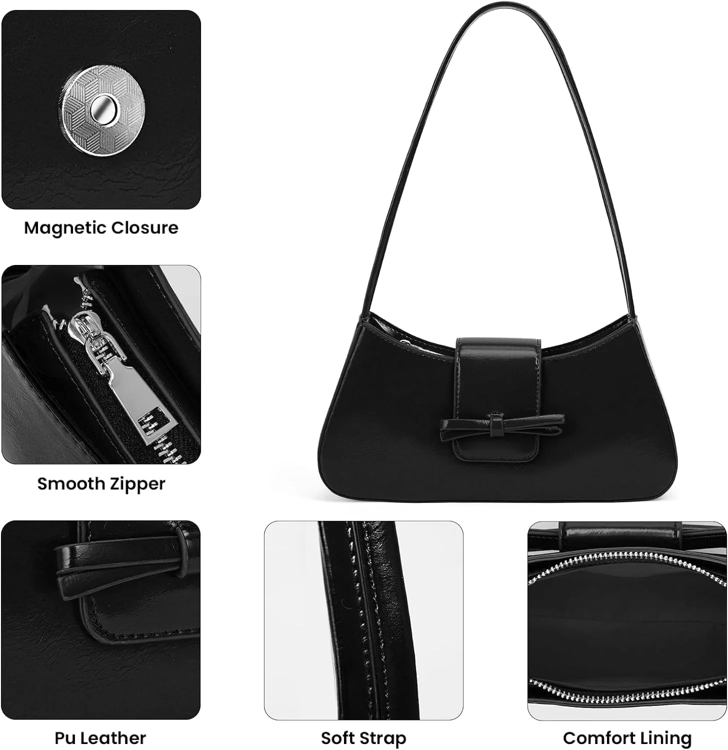 کیف دوشی مشکی NALACAL، کیف دستی زنانه، کیف پاپیونی زنانه، کیف دستی های Y2k Hobo، کیف Satchel، کلاچ مد روز، کیف مشکی، کیف زیر بغل Y2k چرم مصنوعی