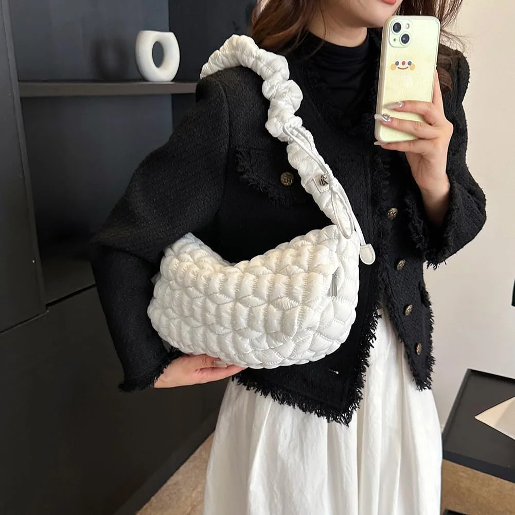 کیف پافر نالاکال، کیف دستی زنانه، کیف های دستی لحافی و پف دار زنانه، کیف دستی پفی سبک وزن با محفظه، کیف دستی هوبو پفی، کیف رودوشی چین دار ابریشمی سبک وزن، سفید