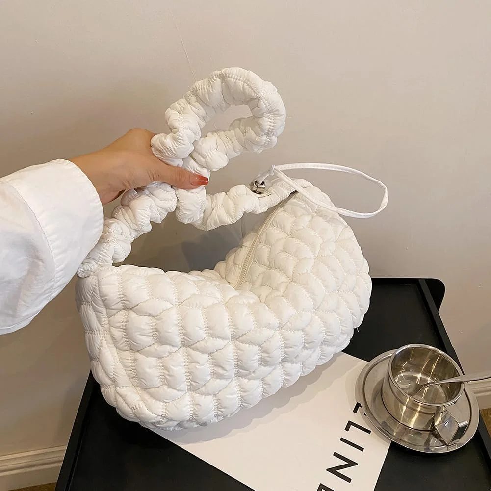 کیف پافر نالاکال، کیف دستی زنانه، کیف های دستی لحافی و پف دار زنانه، کیف دستی پفی سبک وزن با محفظه، کیف دستی هوبو پفی، کیف رودوشی چین دار ابریشمی سبک وزن، سفید