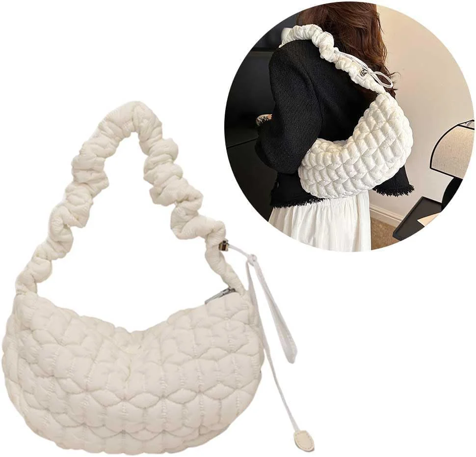 کیف پافر نالاکال، کیف دستی زنانه، کیف های دستی لحافی و پف دار زنانه، کیف دستی پفی سبک وزن با محفظه، کیف دستی هوبو پفی، کیف رودوشی چین دار ابریشمی سبک وزن، سفید