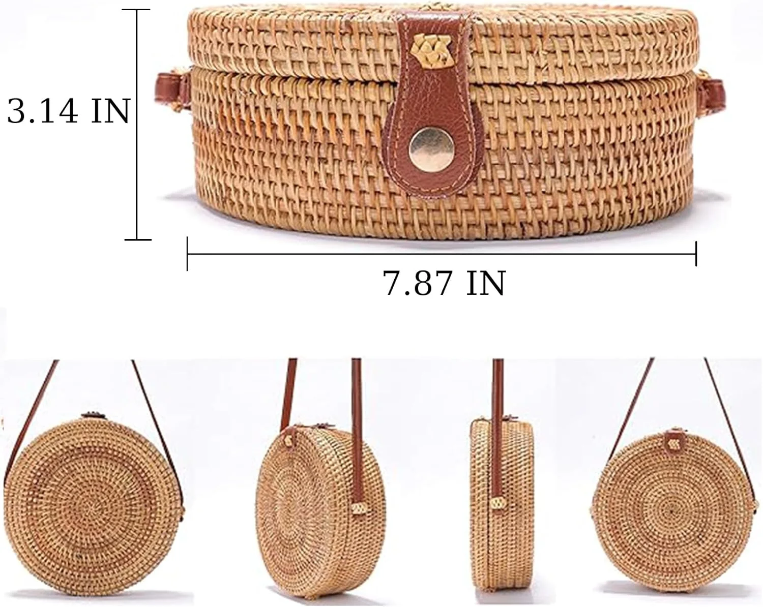 کیف حصیری گرد بافته شده دستی با بند چرمی دوشی، طبیعی و شیک