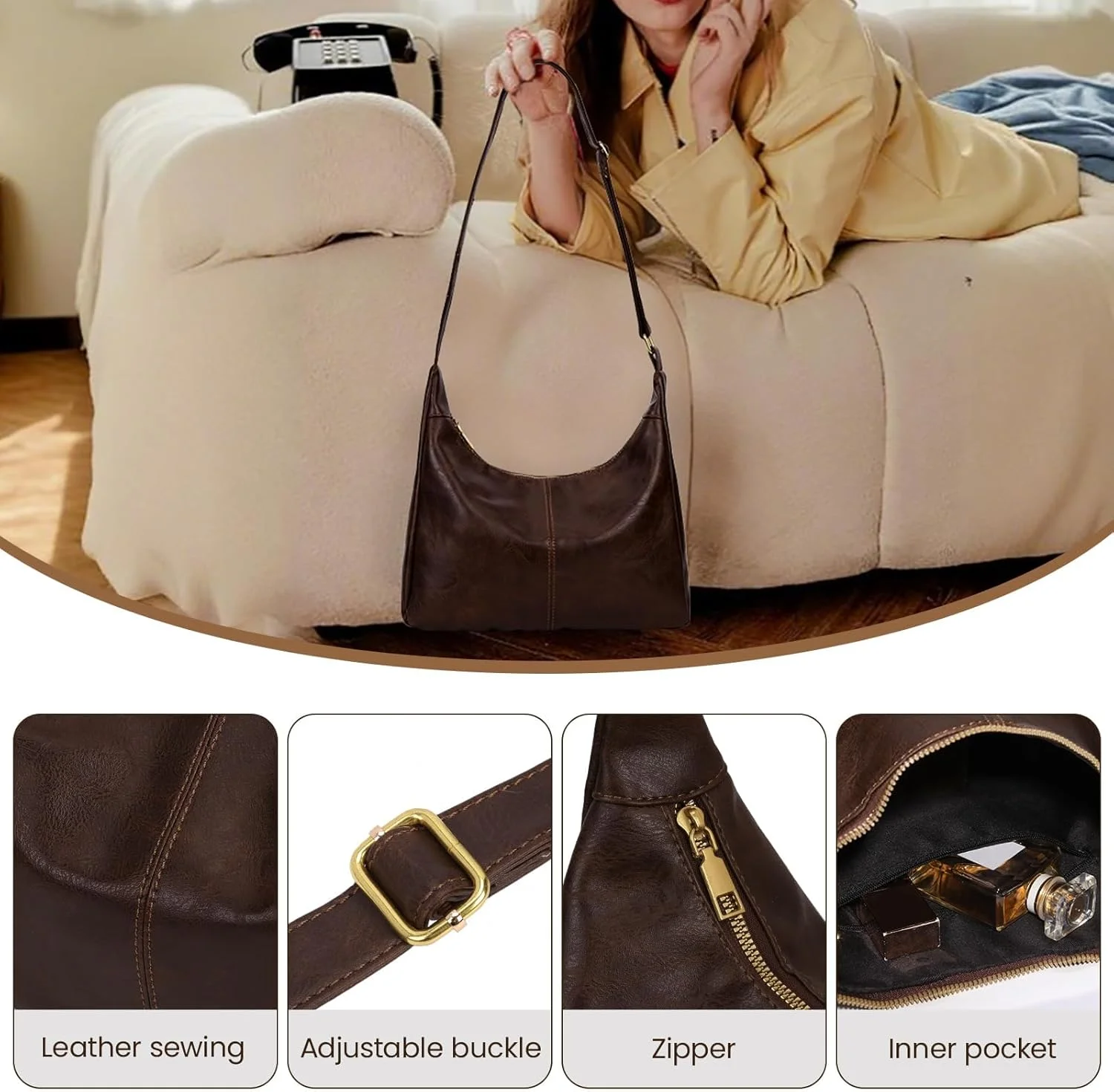 کیف دوشی زنانه چرم مصنوعی مدل Hobo، کیف دستی روزمره با زیپ، کیف غیر رسمی برای کار، مسافرت، خرید