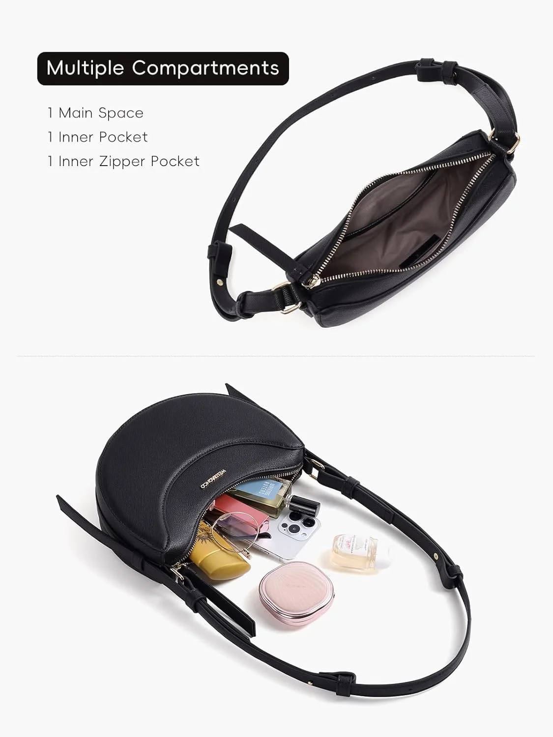 کیف دوشی هلالی زنانه وست برونکو، کیف کراس بادی چرمی، کیف دستی دوشی طراح دار، کیف مدل Hobo