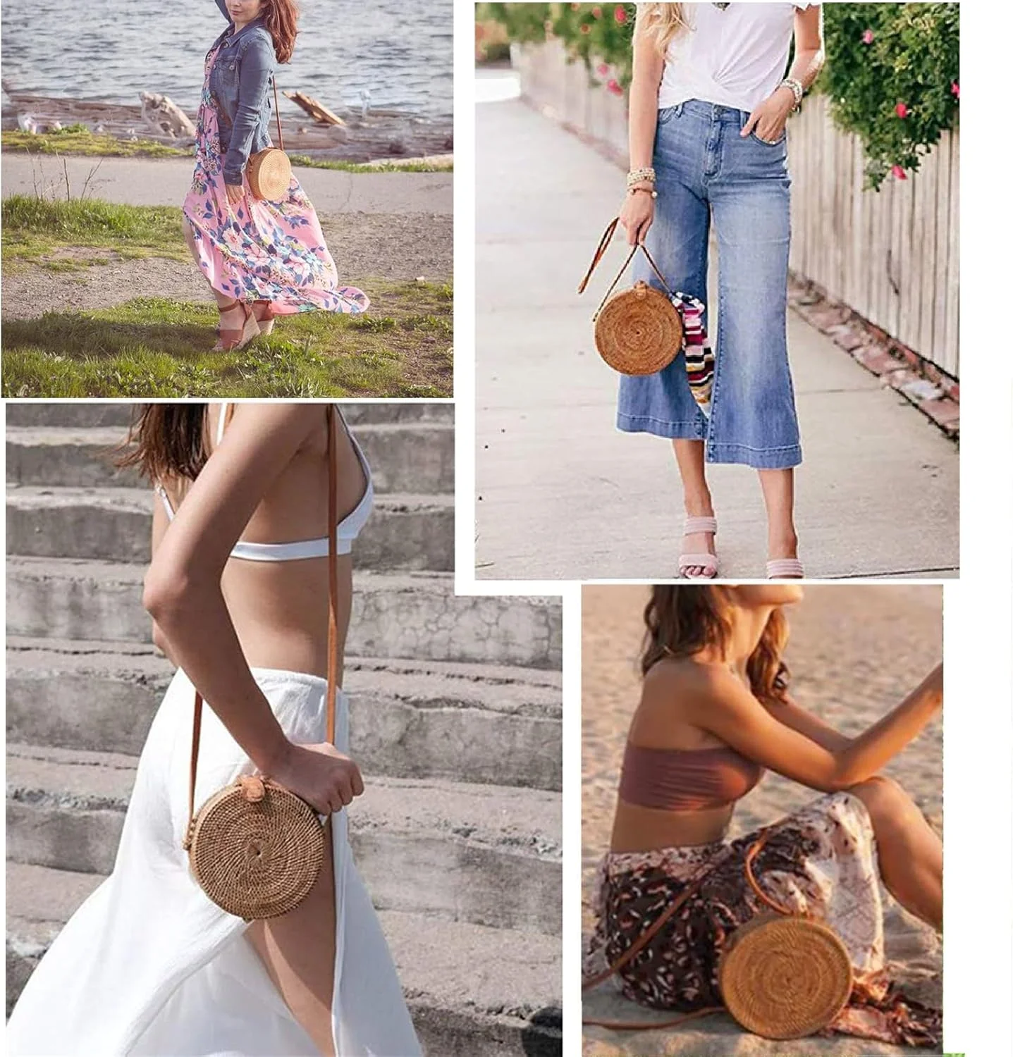 کیف حصیری گرد بافته شده دستی با بند چرمی دوشی، طبیعی و شیک