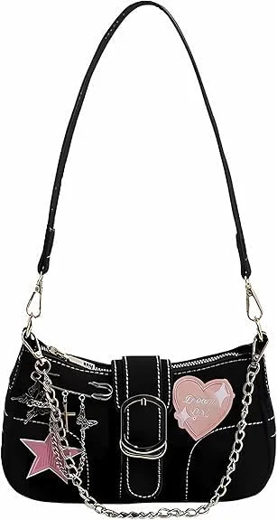 کیف دوشی زنانه Y2K تزویق، کیف دستی زنجیری کوچک با گلدوزی ستاره، مشکی، کیف کراس بادی، اکسسوری های زیبای Y2K، استایل گوت پانک، زنانه دخترانه