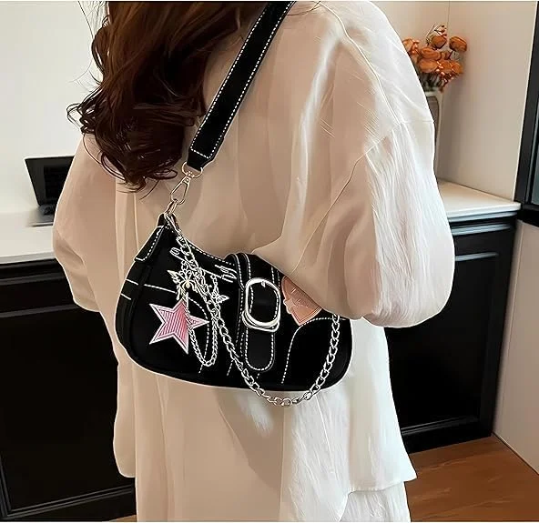 کیف دوشی زنانه Y2K تزویق، کیف دستی زنجیری کوچک با گلدوزی ستاره، مشکی، کیف کراس بادی، اکسسوری های زیبای Y2K، استایل گوت پانک، زنانه دخترانه