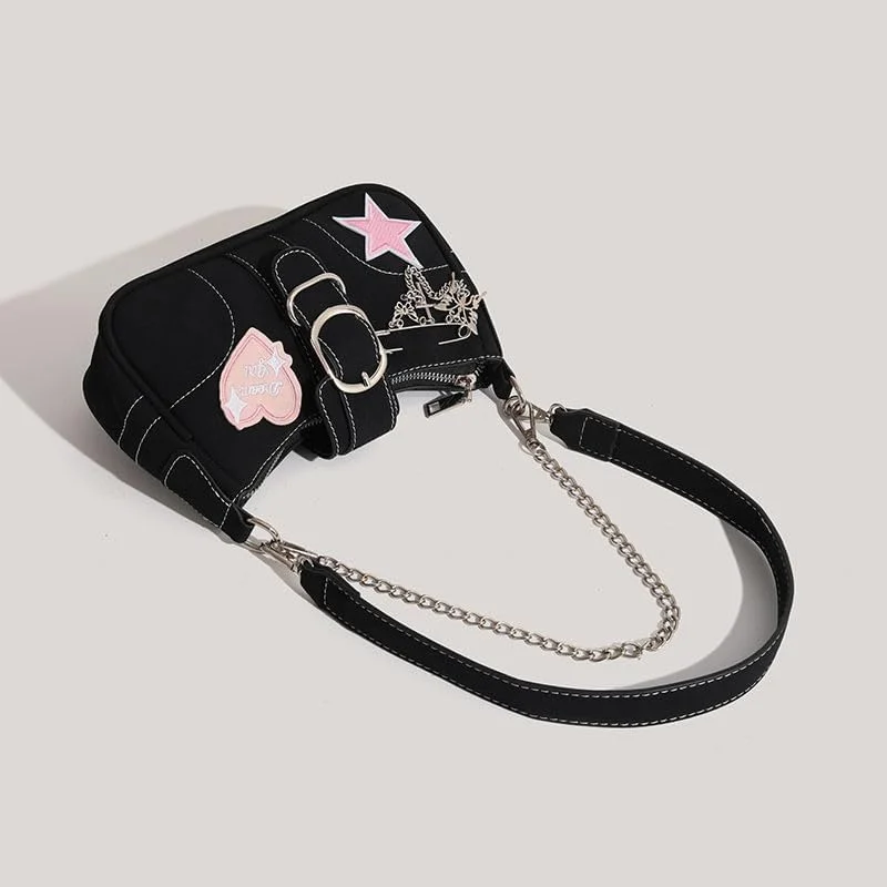 کیف دوشی زنانه Y2K تزویق، کیف دستی زنجیری کوچک با گلدوزی ستاره، مشکی، کیف کراس بادی، اکسسوری های زیبای Y2K، استایل گوت پانک، زنانه دخترانه