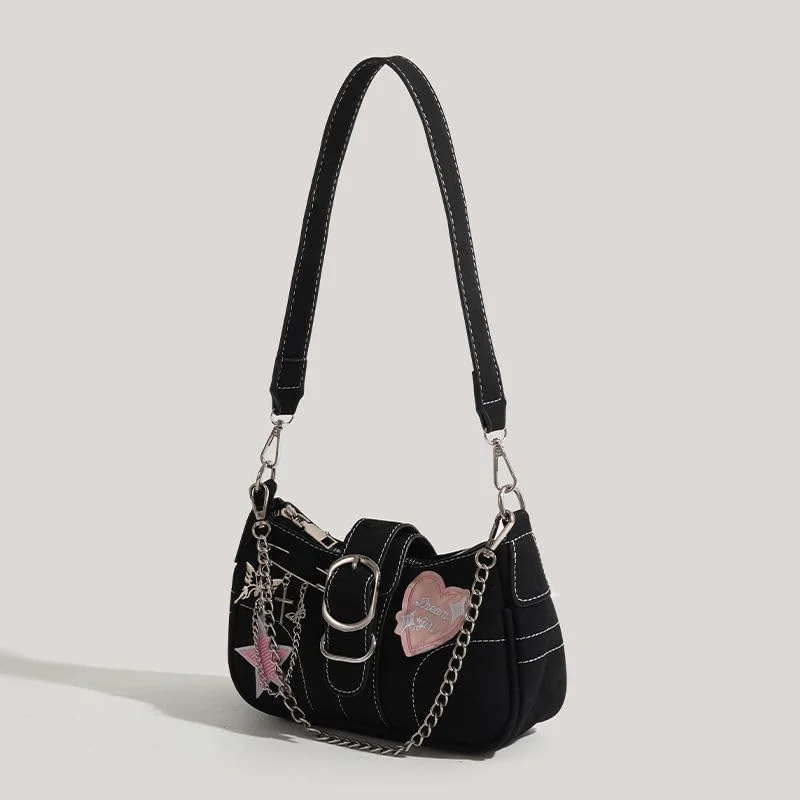 کیف دوشی زنانه Y2K تزویق، کیف دستی زنجیری کوچک با گلدوزی ستاره، مشکی، کیف کراس بادی، اکسسوری های زیبای Y2K، استایل گوت پانک، زنانه دخترانه