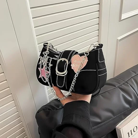 کیف دوشی زنانه Y2K تزویق، کیف دستی زنجیری کوچک با گلدوزی ستاره، مشکی، کیف کراس بادی، اکسسوری های زیبای Y2K، استایل گوت پانک، زنانه دخترانه