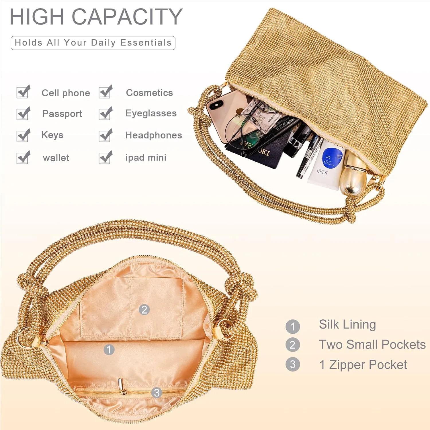 کیف دستی نگین‌دار تاپ‌ال، کیف مجلسی نقره‌ای درخشان زنانه، کیف دستی نگین‌دار ارتقا یافته مدل Hobo