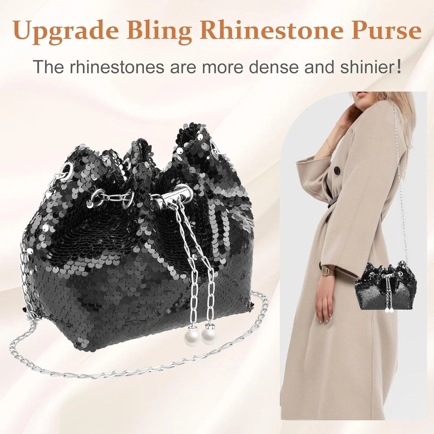 کیف سطلی پولک‌دار تزویق زنانه، کیف دستی شبانه بنددار درخشان، مشکی، 9 سانتی متر × 16 سانتی متر × 16 سانتی متر