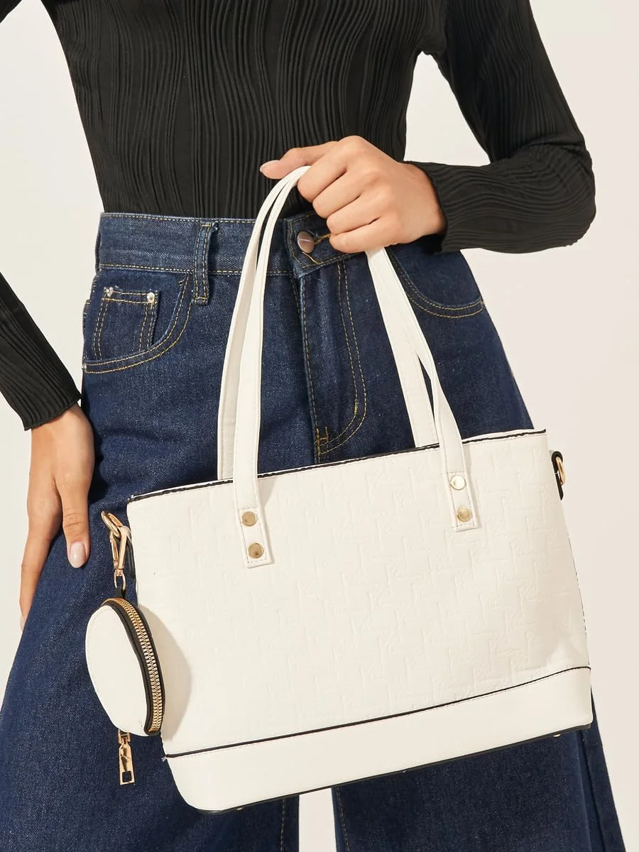 کیف دستی زنانه استایلی بافت دار به همراه کیف سکه، سایز واحد، کرم