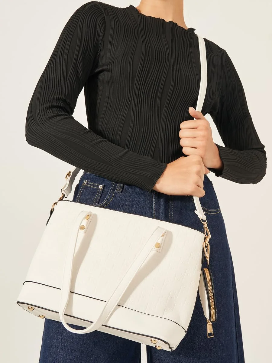 کیف دستی زنانه استایلی بافت دار به همراه کیف سکه، سایز واحد، کرم