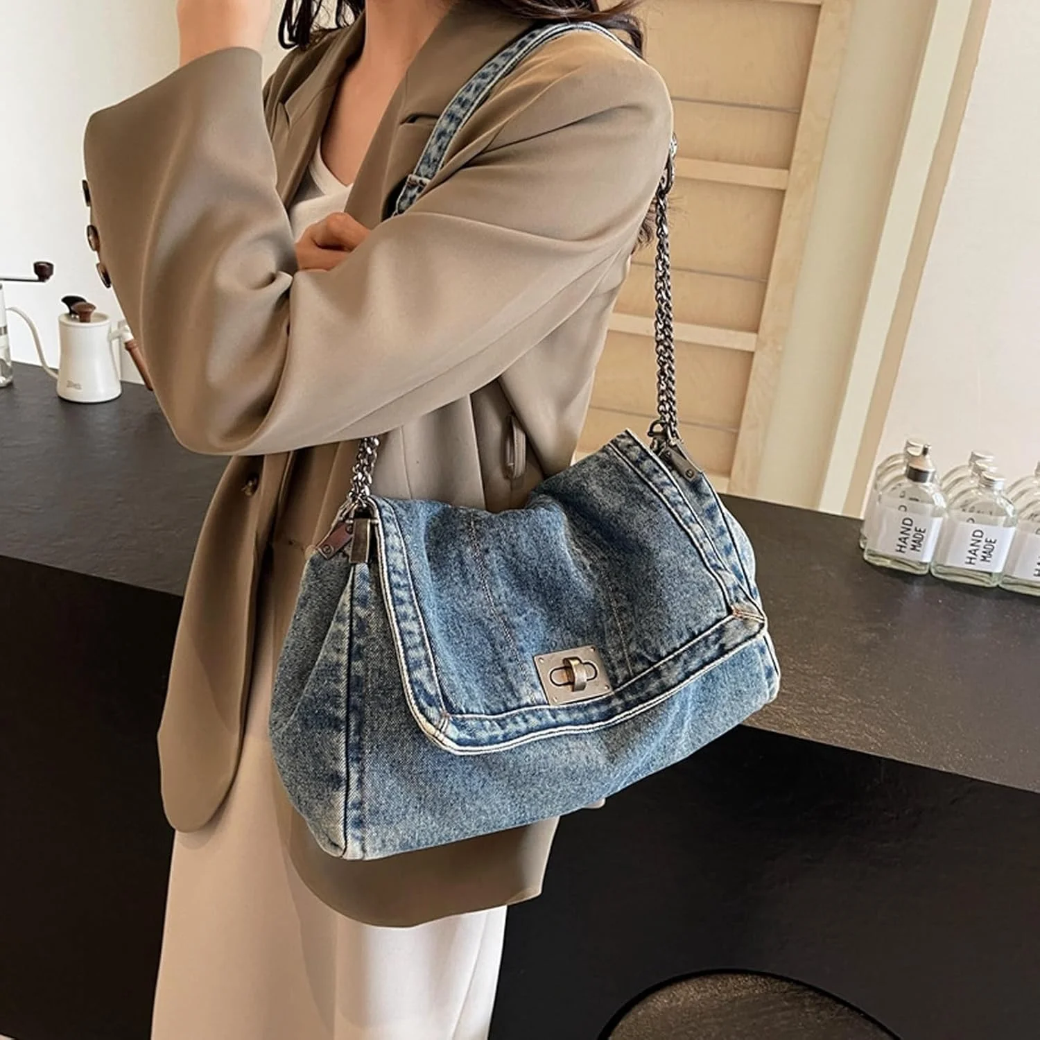 کیف دوشی جین Tazweeq زنانه، کیف دستی زنجیری قابل تنظیم، کیف کراس بادی زیپ دار به سبک قدیمی