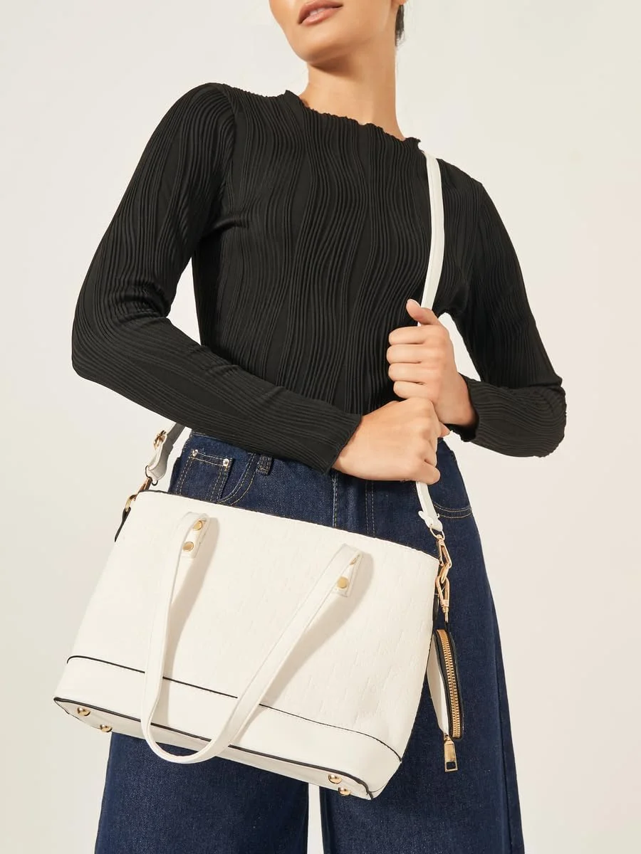 کیف دستی زنانه استایلی بافت دار به همراه کیف سکه، سایز واحد، کرم