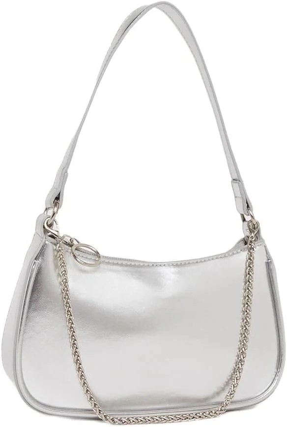 کیف دوشی زنجیری فلزی زنانه استایلی با بست زیپی، سایز واحد، نقره ای