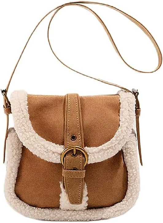 کیف دوشی زنانه استایلی با تزیین خز و سگک، سایز واحد، قهوه ای