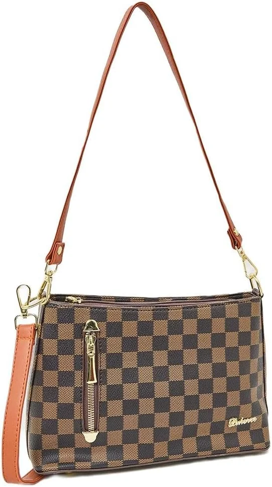 کیف دوشی زنانه استایلی با طرح چهارخانه و جیب زیپ دار، سایز One Size، قهوه ای