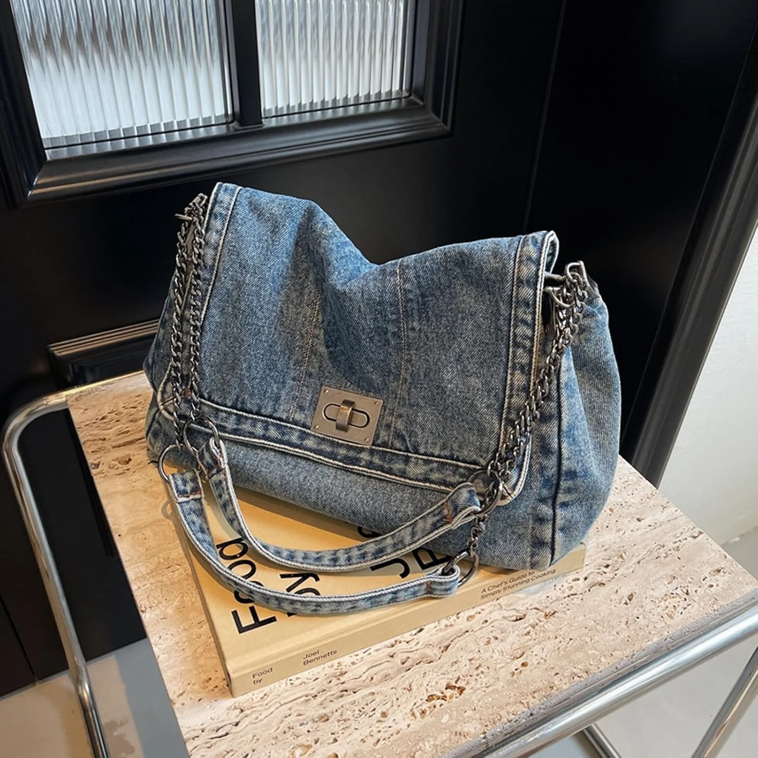 کیف دوشی جین Tazweeq زنانه، کیف دستی زنجیری قابل تنظیم، کیف کراس بادی زیپ دار به سبک قدیمی