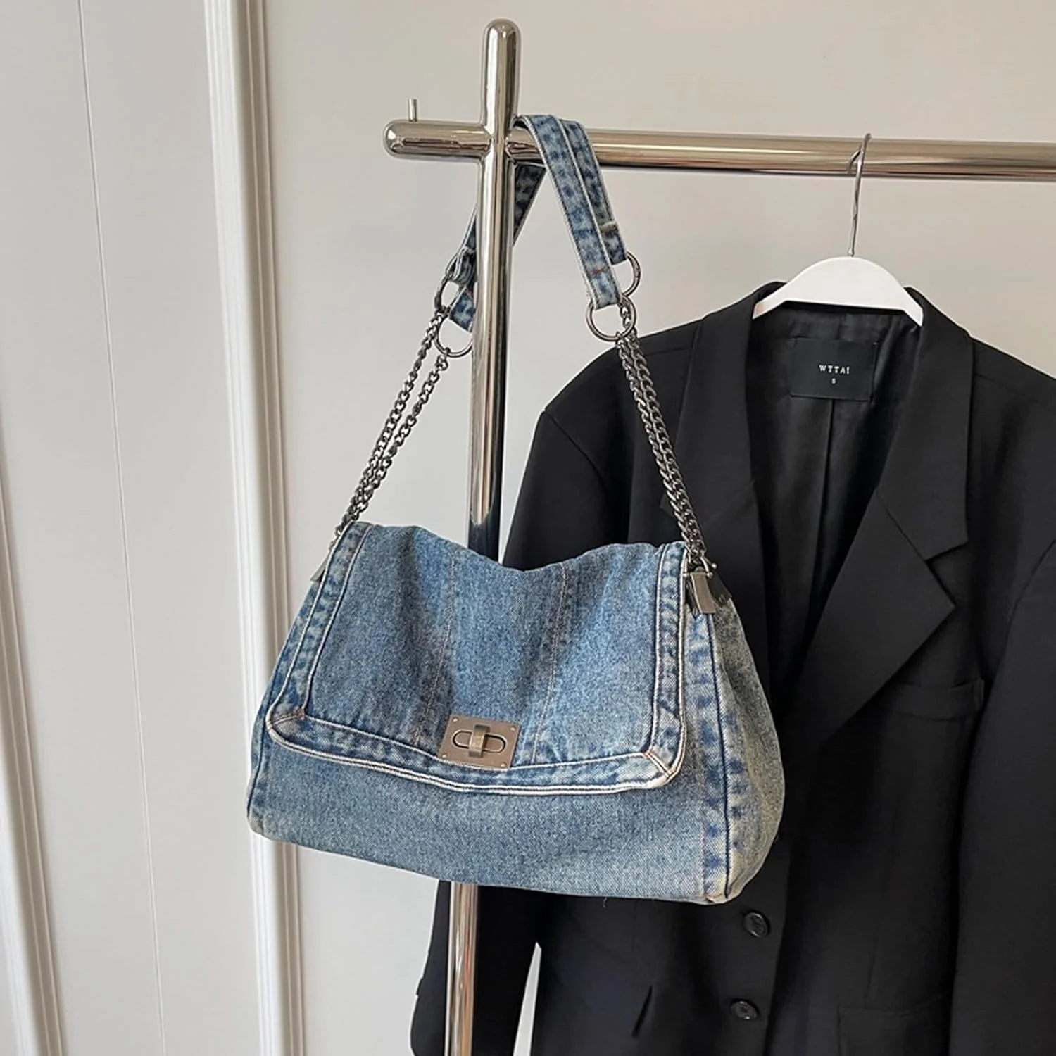 کیف دوشی جین Tazweeq زنانه، کیف دستی زنجیری قابل تنظیم، کیف کراس بادی زیپ دار به سبک قدیمی