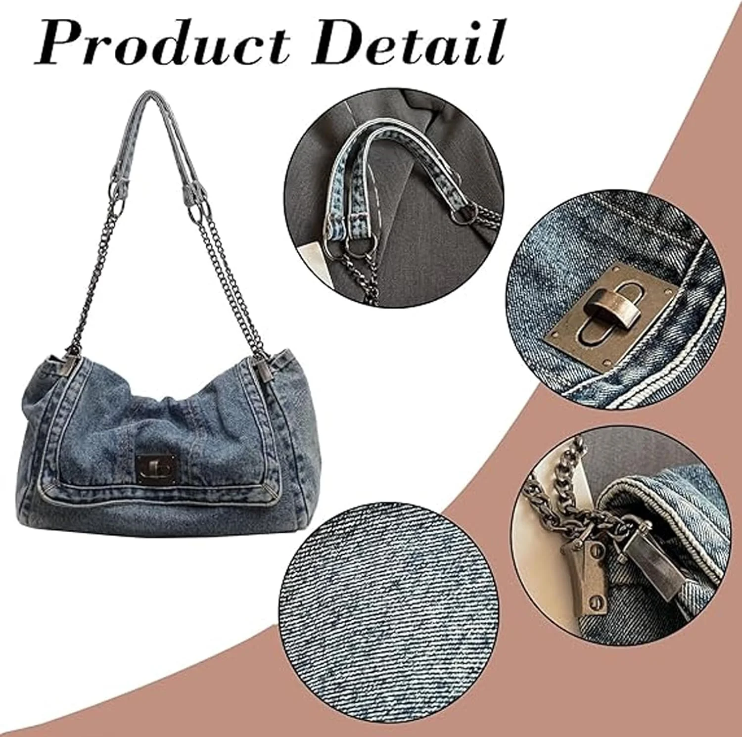 کیف دوشی جین Tazweeq زنانه، کیف دستی زنجیری قابل تنظیم، کیف کراس بادی زیپ دار به سبک قدیمی
