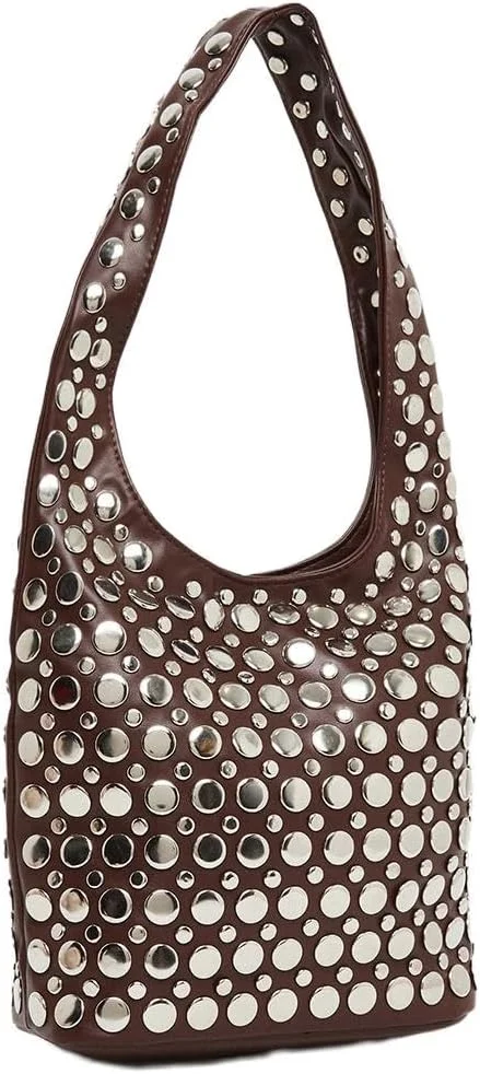 کیف دستی زنانه استایلی مدل Hobo قهوه ای با تزئینات پرچ - سایز One Size - قهوه ای